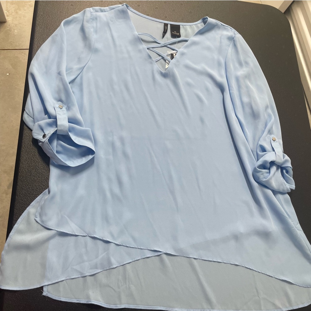 New Directions Light Blue Crisscross V-Neck Blouse NWT
